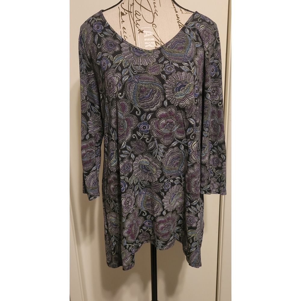 J. Jill Womens Large Floral Mosaic Print Tunic Top Purple‎ Blue Rayon Tencel L